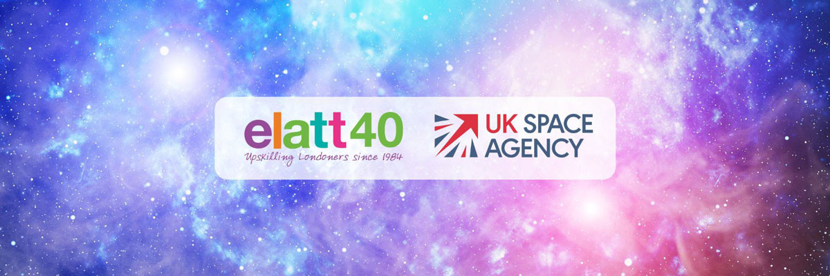 image of outer space with elatt40 logo next to UK Space Agency logo